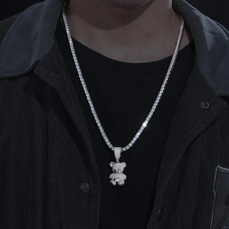 Unisex Moissanite Bear Pendant Necklace Styled on Model | Sensitive Stones