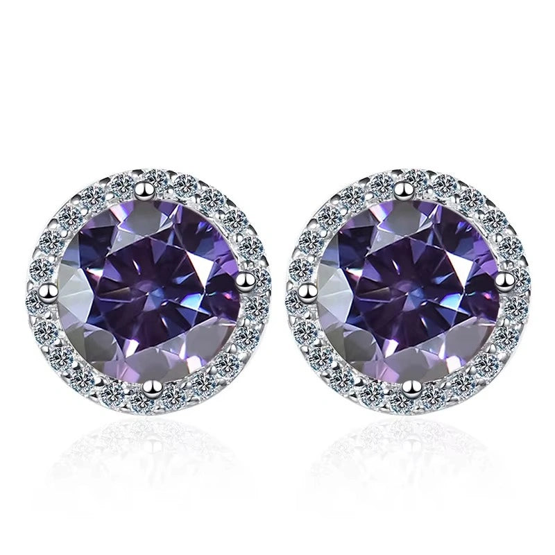 Violet moissanite halo stud earrings in 925 sterling silver on white background - Sensitive Stones