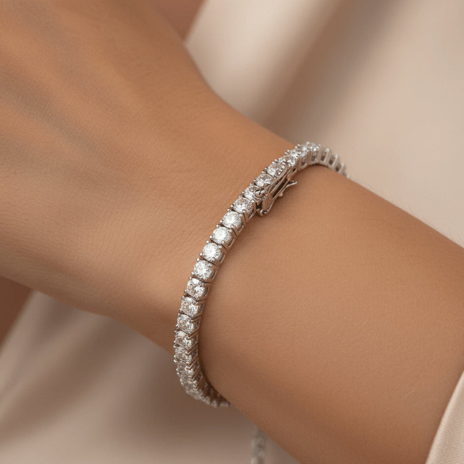 Moissanite tennis bracelet on wrist, D color VVS1 stones in 925 sterling silver, radiant sparkle – Sensitive Stones