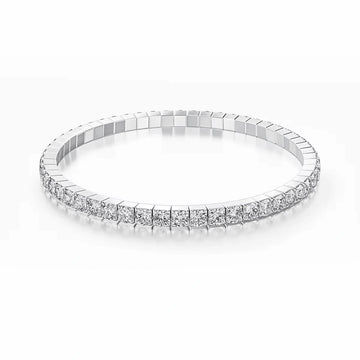 White gold elastic moissanite tennis bangle bracelet with round D color VVS1 stones in 925 sterling silver - Sensitive Stones