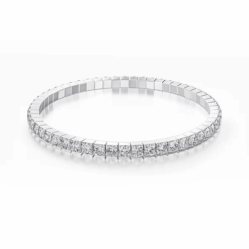 White gold elastic moissanite tennis bangle bracelet with round D color VVS1 stones in 925 sterling silver - Sensitive Stones