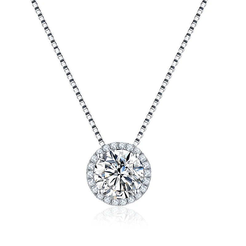 White moissanite halo pendant necklace 925 sterling silver white gold plated - Sensitive Stones