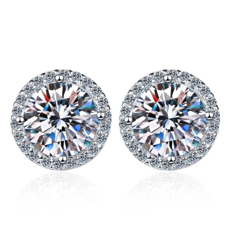 White D color moissanite halo stud earrings in 925 sterling silver on white background - Sensitive Stones