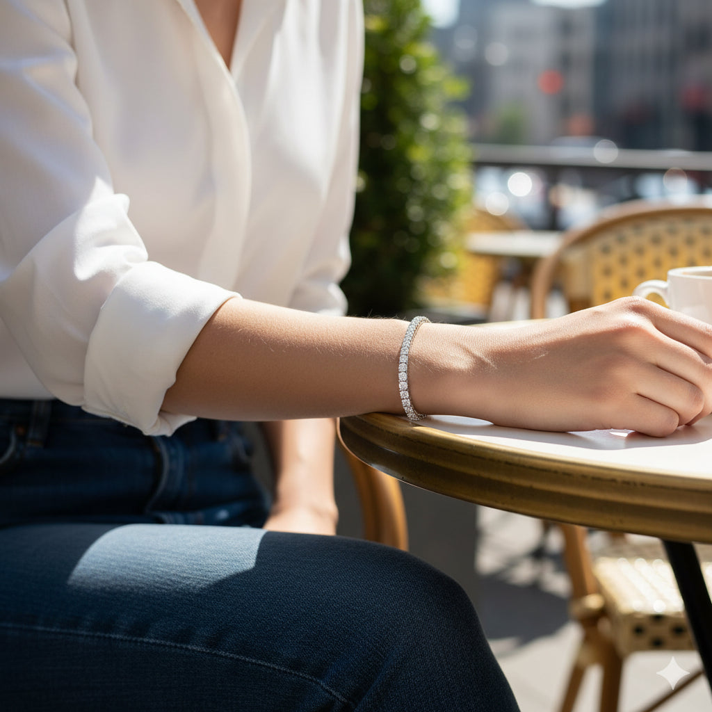 White moissanite tennis bracelet in sterling silver white gold plating worn outdoors with white shirt, elegant quiet luxury style – Sensitive Stones