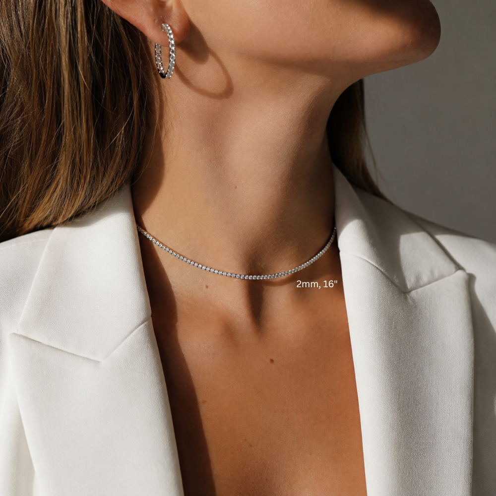 White moissanite tennis necklace 2mm 16in worn on female model, white gold plated 925 sterling silver, 4-prong round stones - Sensitive Stones