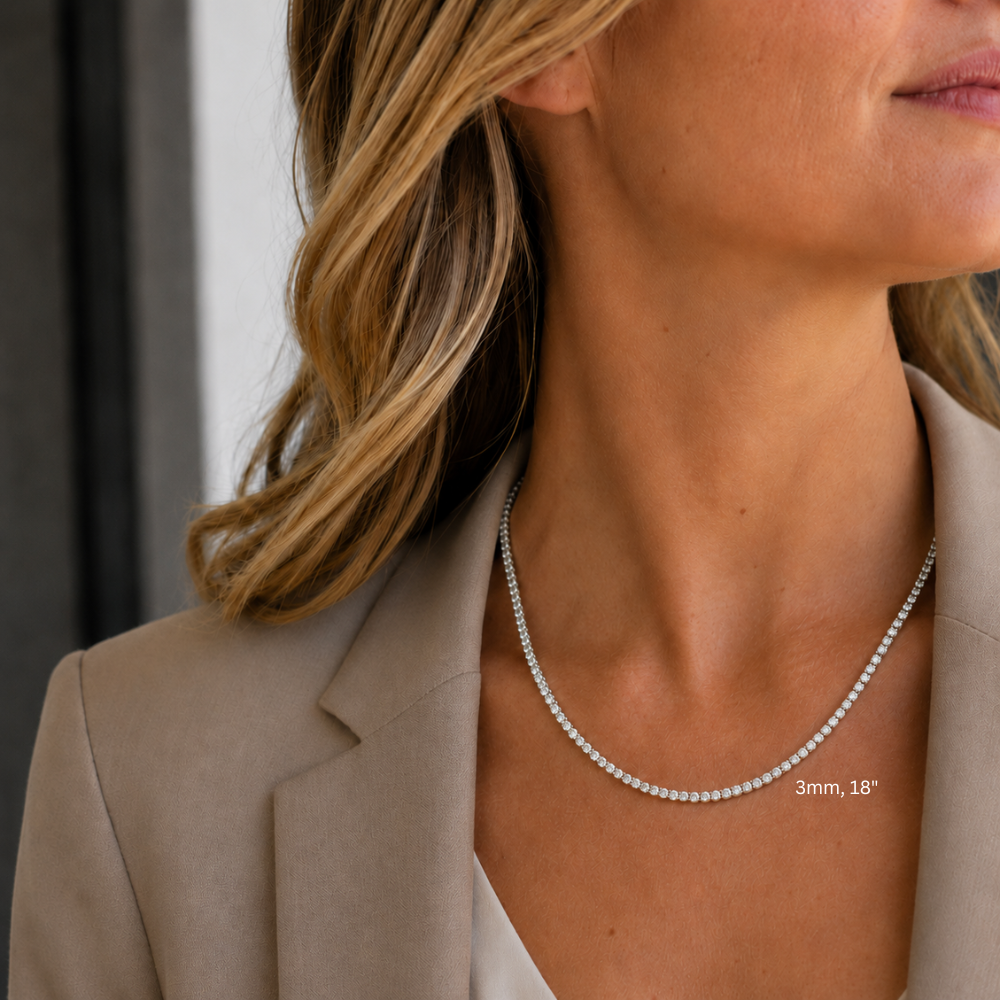 White moissanite tennis necklace 3mm 18in worn on female model, white gold plated 925 sterling silver, 4-prong round stones - Sensitive Stones