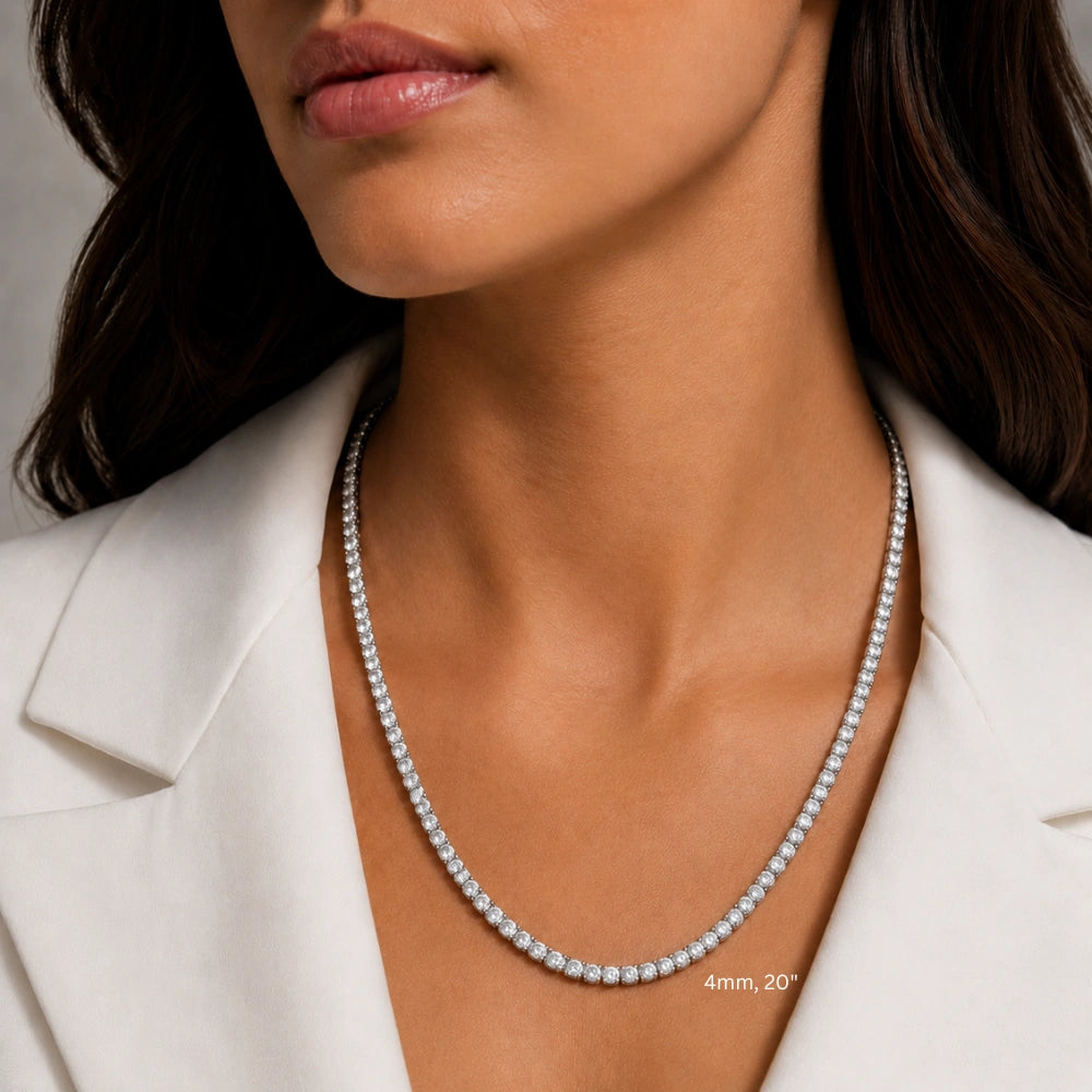 White moissanite tennis necklace 4mm 20in worn on female model, white gold plated 925 sterling silver, 4-prong round stones - Sensitive Stones
