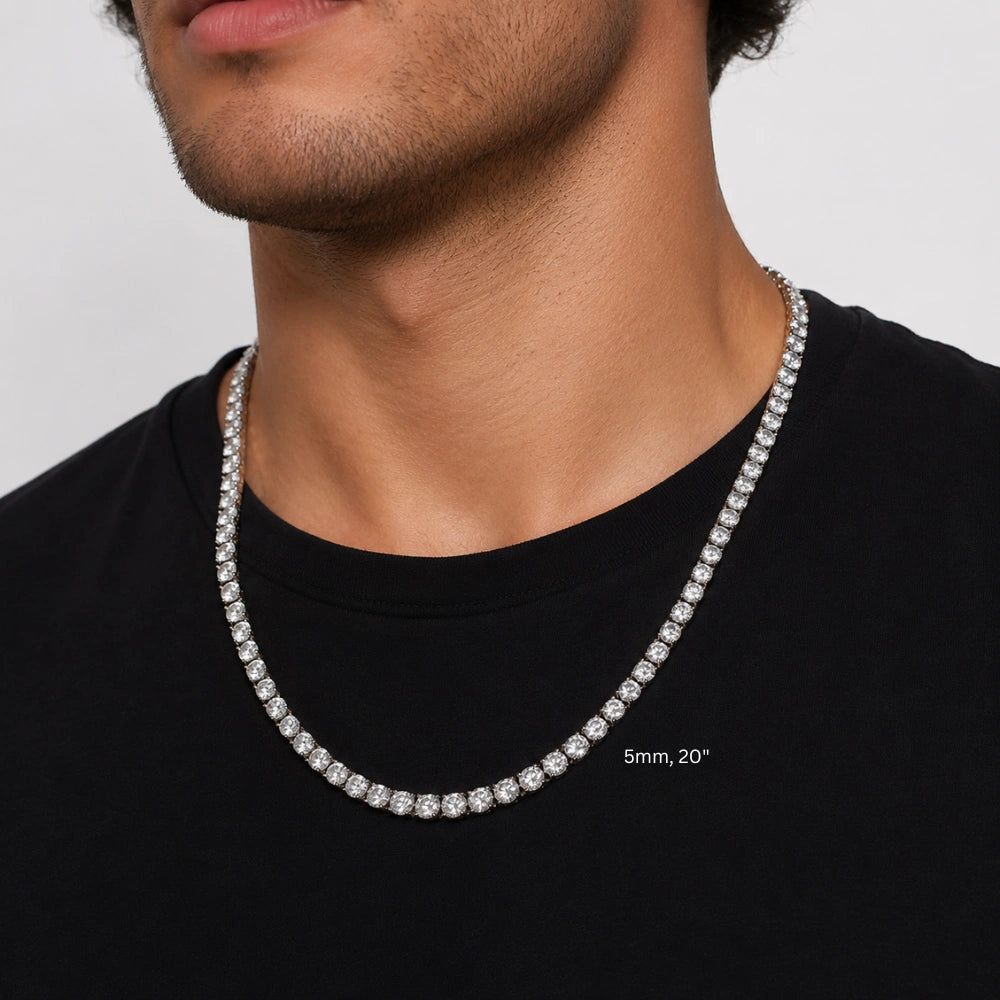 White moissanite tennis necklace 5mm 20in worn on male model in black t-shirt, white gold plated 925 sterling silver, 4-prong round stones - Sensitive Stones