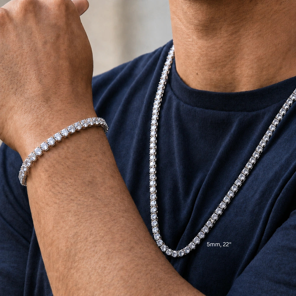 White moissanite tennis necklace 5mm 22in styled with matching tennis bracelet on male model, white gold plated 925 sterling silver - Sensitive Stones