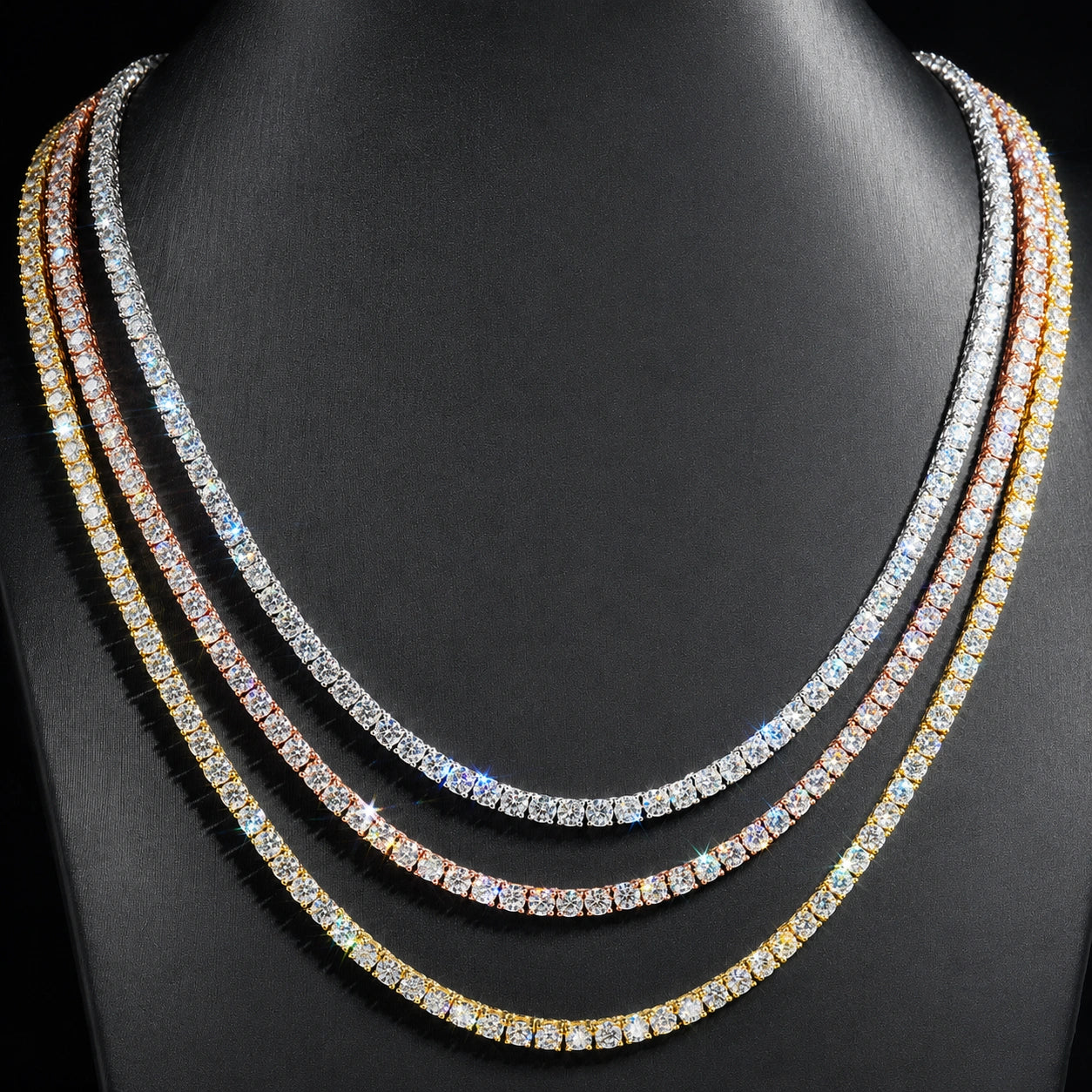 White moissanite tennis necklace shown in white gold, rose gold and yellow gold plated 925 sterling silver on display bust - Sensitive Stones