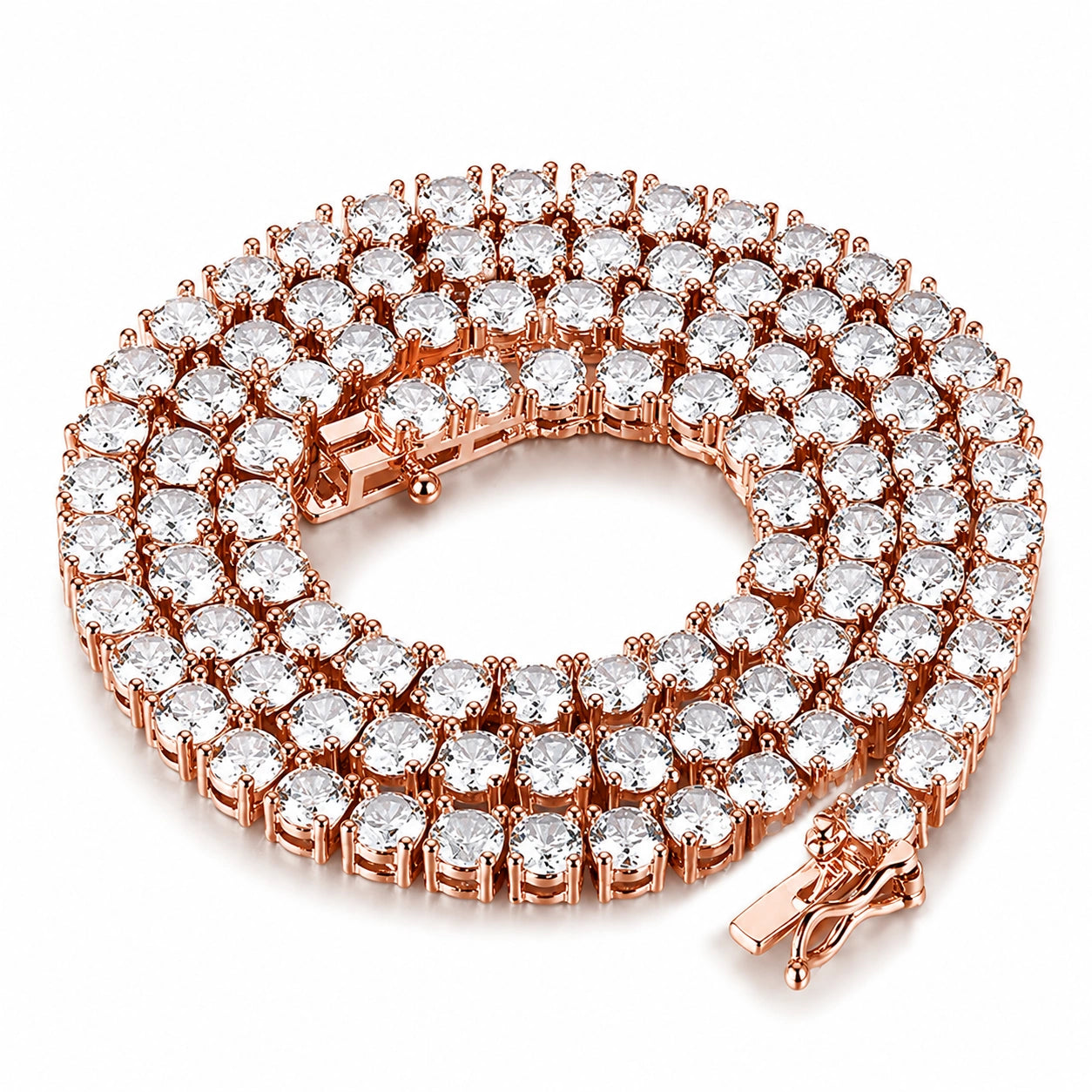 White moissanite tennis necklace in rose gold plated 925 sterling silver, coiled flat lay, 4-prong round stones, box clasp - Sensitive Stones