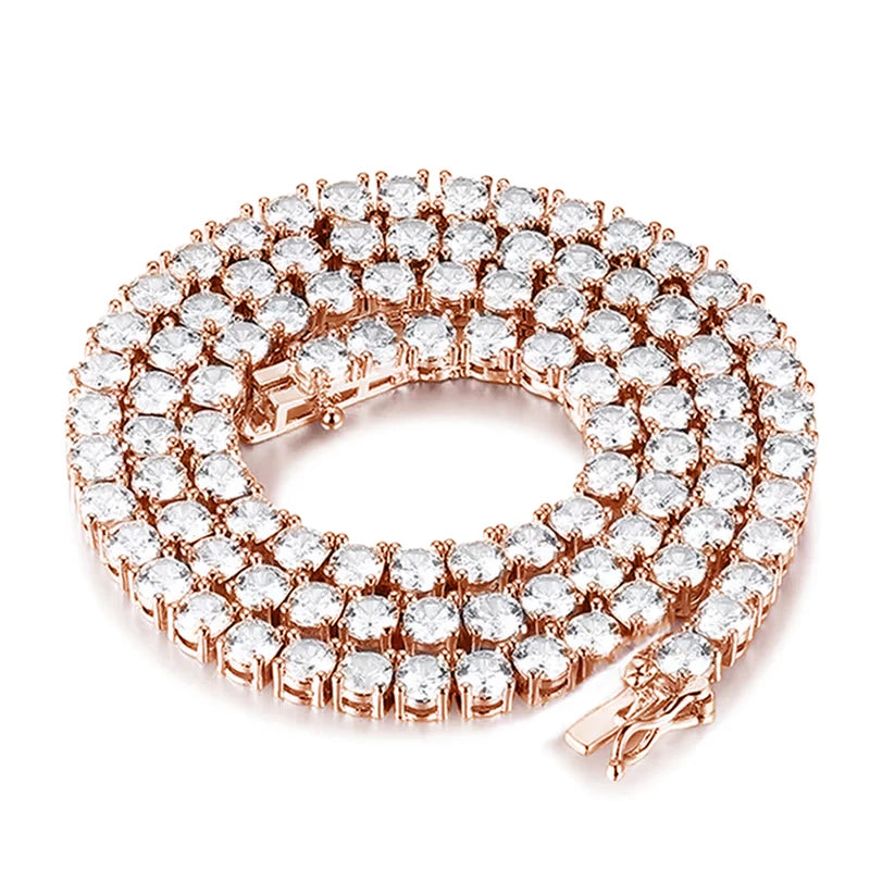 White moissanite tennis necklace in rose gold plated 925 sterling silver, coiled flat lay, 4-prong round stones, box clasp - Sensitive Stones