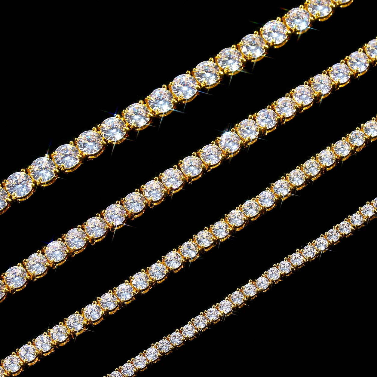 White moissanite tennis necklace stone width comparison in yellow gold plated 925 sterling silver, multiple stone sizes, 4-prong round stones - Sensitive Stones