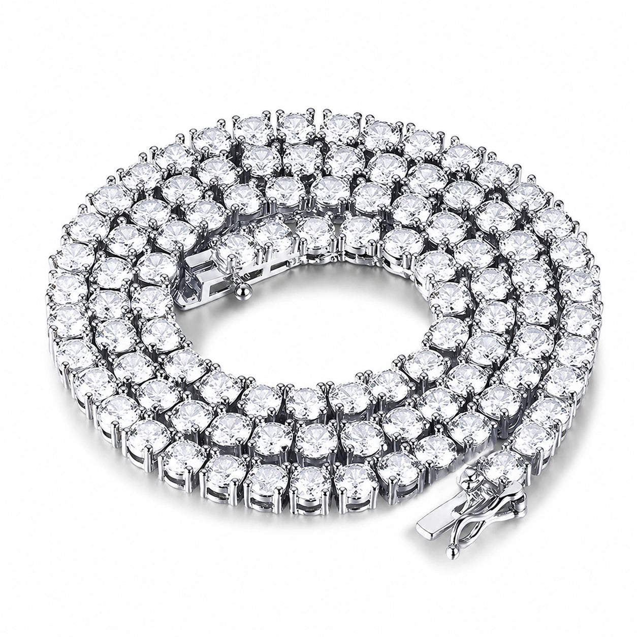 White moissanite tennis necklace in white gold plated 925 sterling silver, coiled flat lay, 4-prong round stones, box clasp - Sensitive Stones