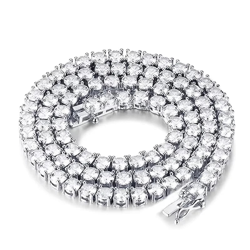 White moissanite tennis necklace in white gold plated 925 sterling silver, coiled flat lay, 4-prong round stones, box clasp - Sensitive Stones