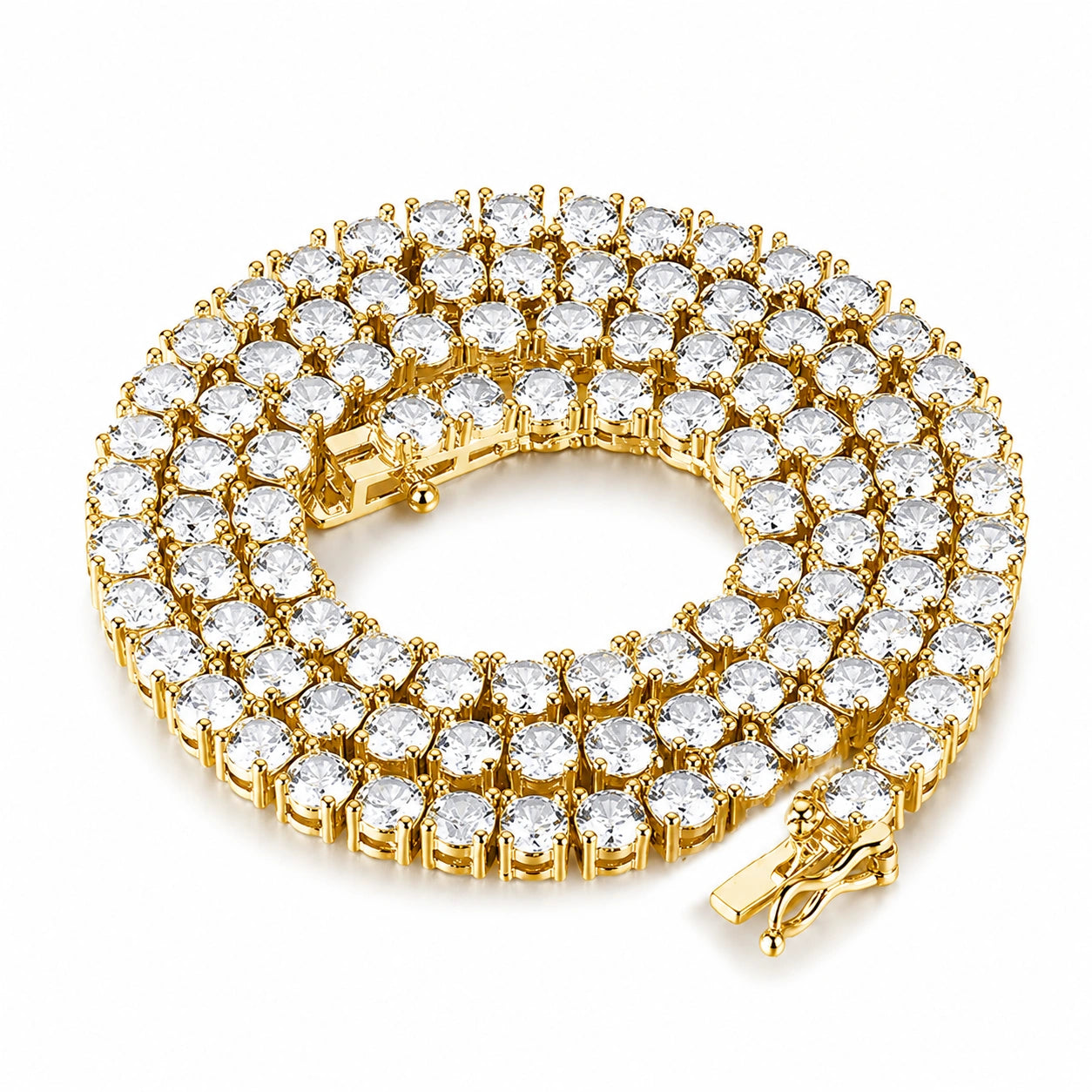 White moissanite tennis necklace in yellow gold plated 925 sterling silver, coiled flat lay, 4-prong round stones, box clasp - Sensitive Stones