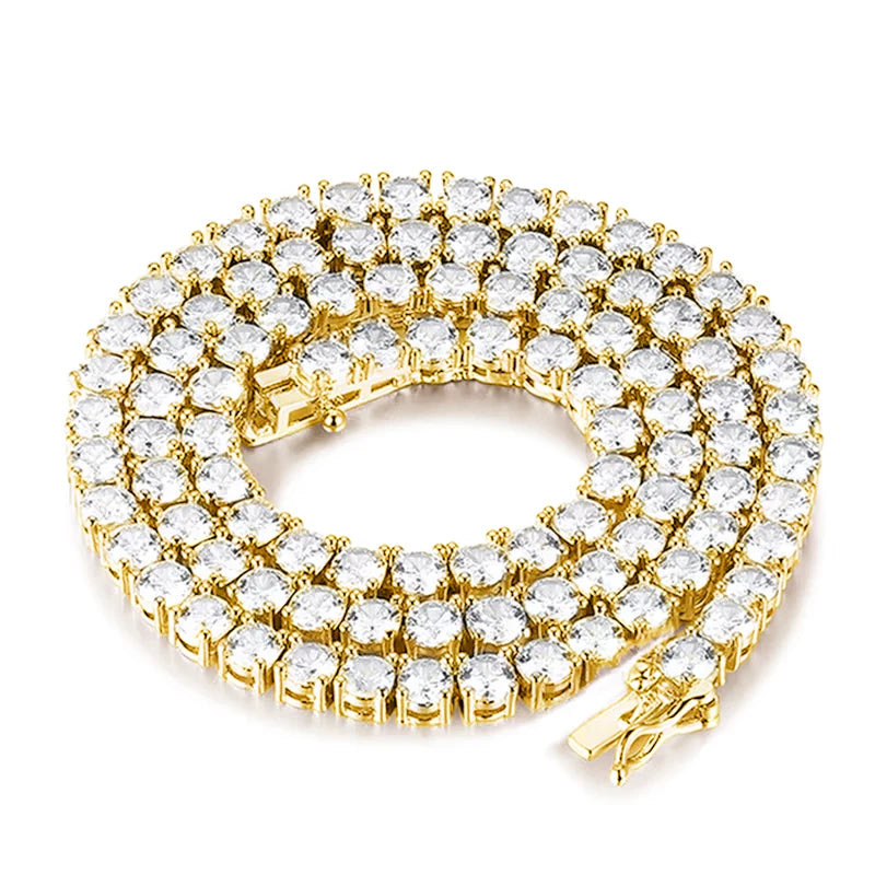White moissanite tennis necklace in yellow gold plated 925 sterling silver, coiled flat lay, 4-prong round stones, box clasp - Sensitive Stones