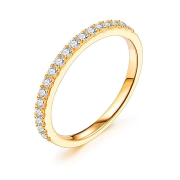 18K yellow gold plated moissanite ring set in solid 925 sterling silver in a half eternity band design on a white background - Sensitive Stones