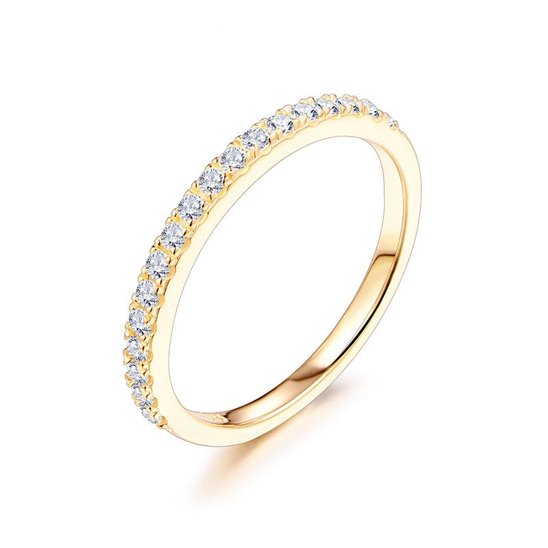 18K yellow gold plated moissanite ring set in solid 925 sterling silver in a half eternity band design on a white background - Sensitive Stones