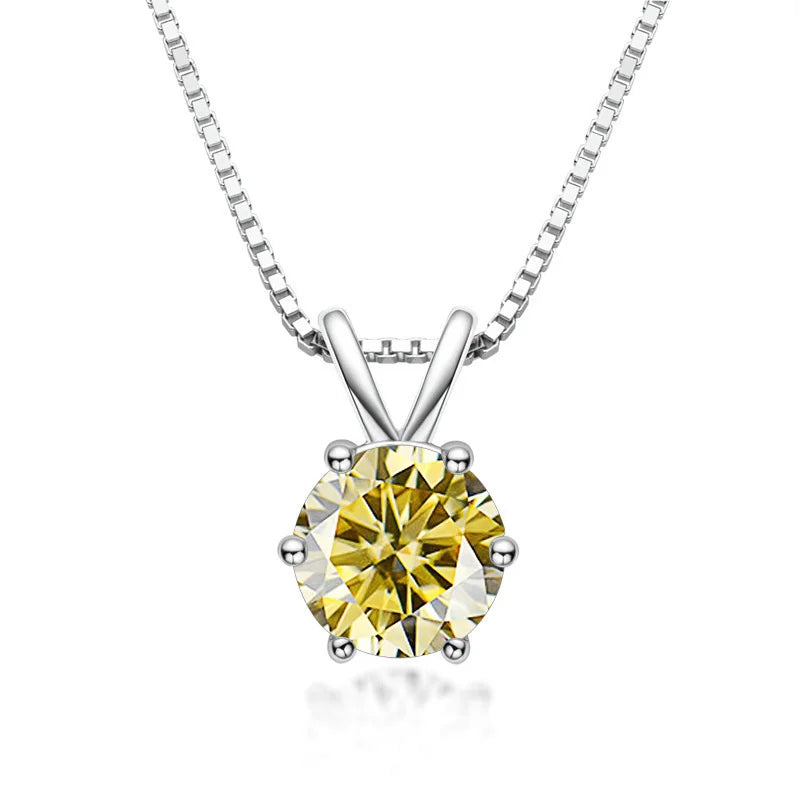 Yellow moissanite solitaire pendant necklace 925 sterling silver 18K white gold plated 6 prong - Sensitive Stone