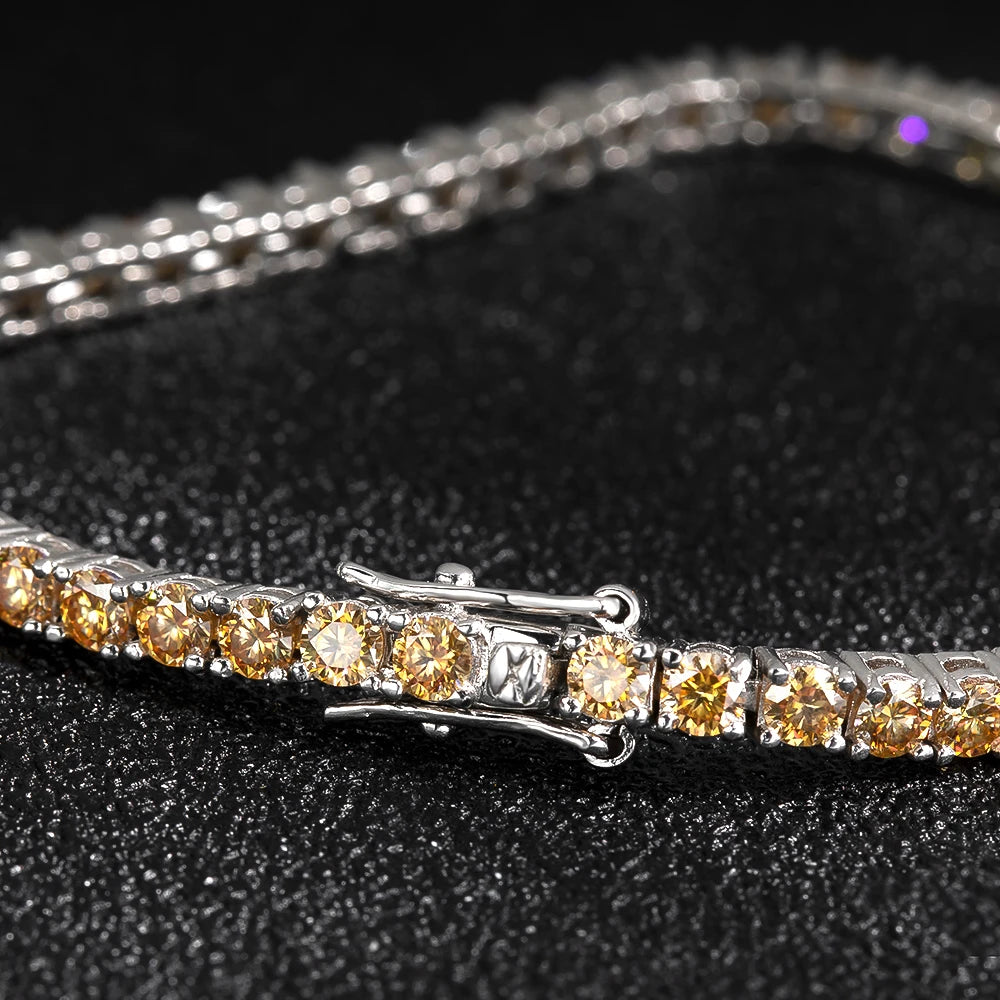 Close-up clasp detail of yellow moissanite tennis bracelet with round stones, sterling silver – Sensitive Stones