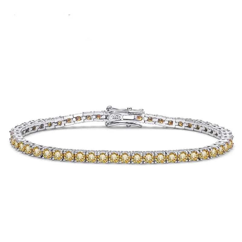 Front view of yellow moissanite tennis bracelet, round brilliant stones in sterling silver setting – Sensitive Stones