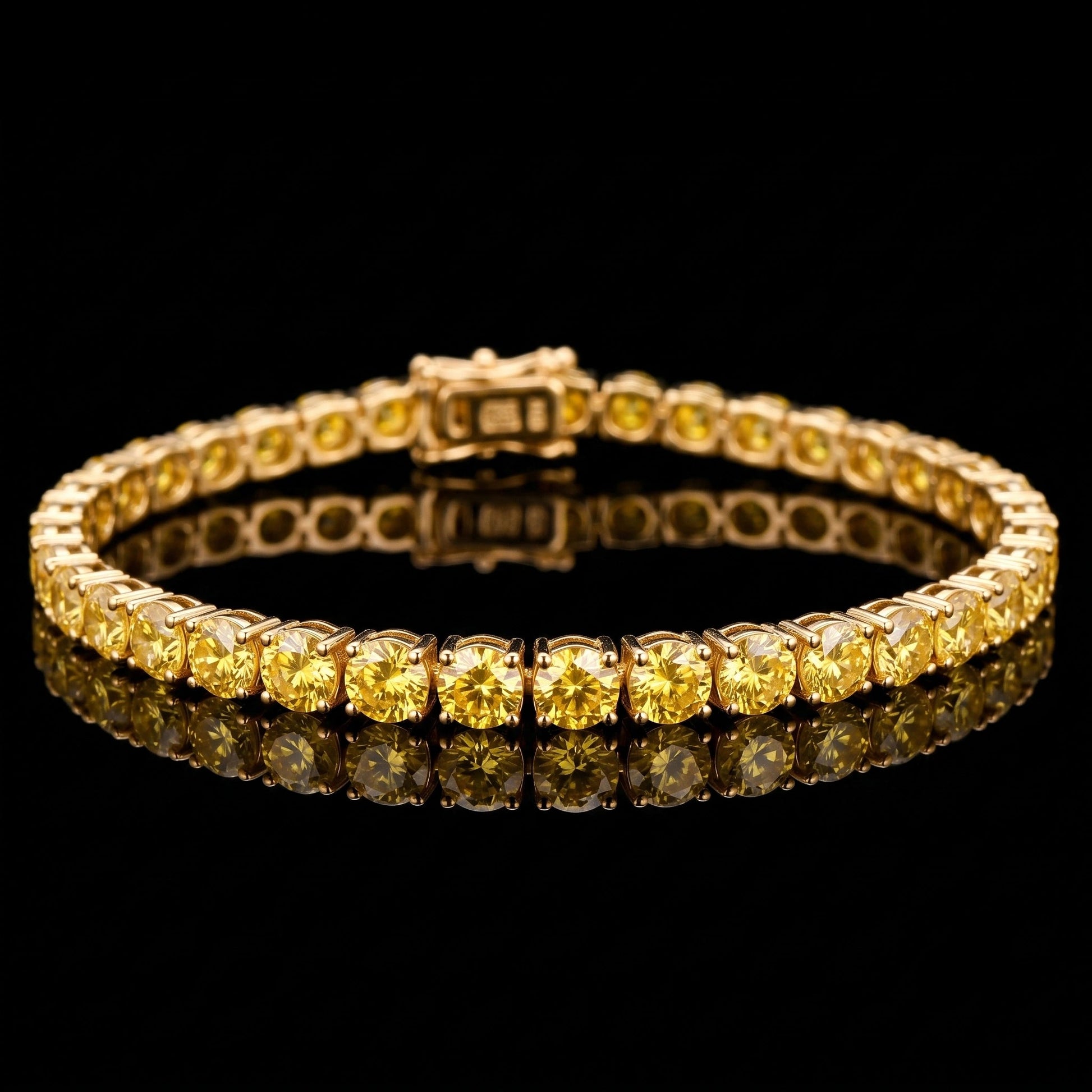 Golden yellow moissanite tennis bracelet in 18K yellow gold plated sterling silver on a reflective black background - Sensitive Stones
